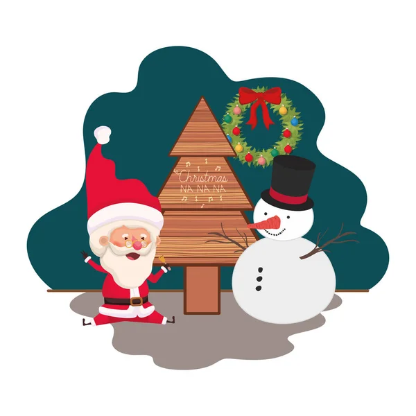 크리스마스 트리와 눈사람 산타 클로스 — 스톡 벡터