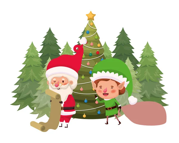 Santa claus e elfo com árvore de natal — Vetor de Stock