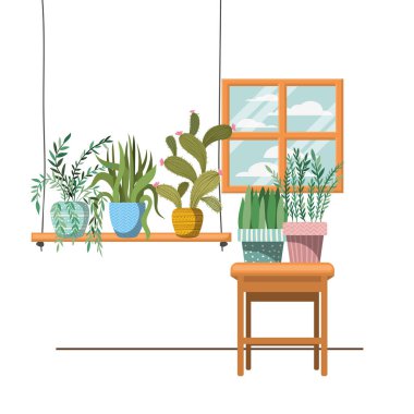 macrame askıları ve masa üzerinde houseplants