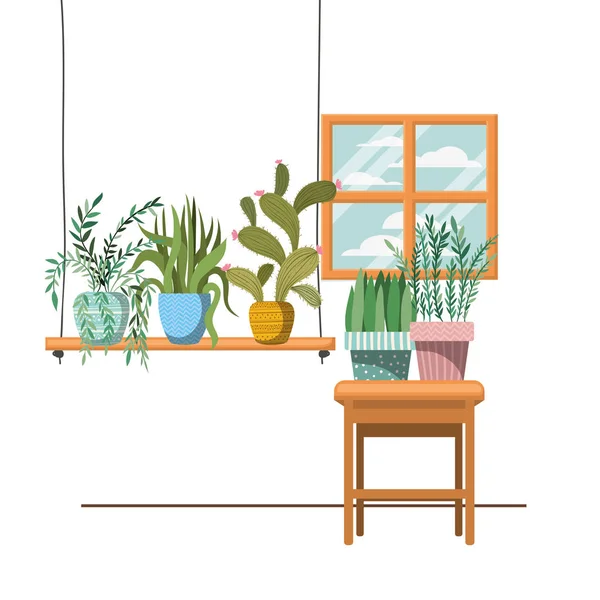 Plantas de interior en perchas de macramé y mesa — Vector de stock