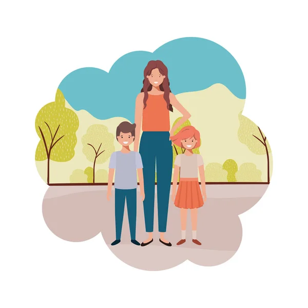 Мама с детьми в пейзаже аватар персонаж — стоковый вектор