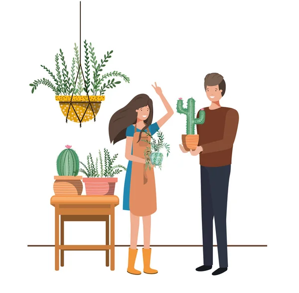 Paar mit Zimmerpflanze auf Makramabanhänger — Stockvektor