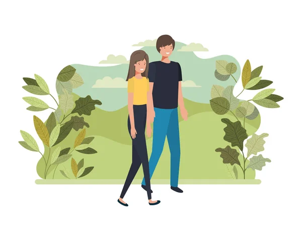 Giovane coppia con personaggio avatar paesaggio — Vettoriale Stock
