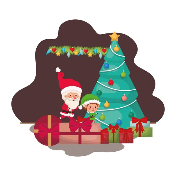 Papai Noel e elfo com árvore de natal e presentes — Vetor de Stock