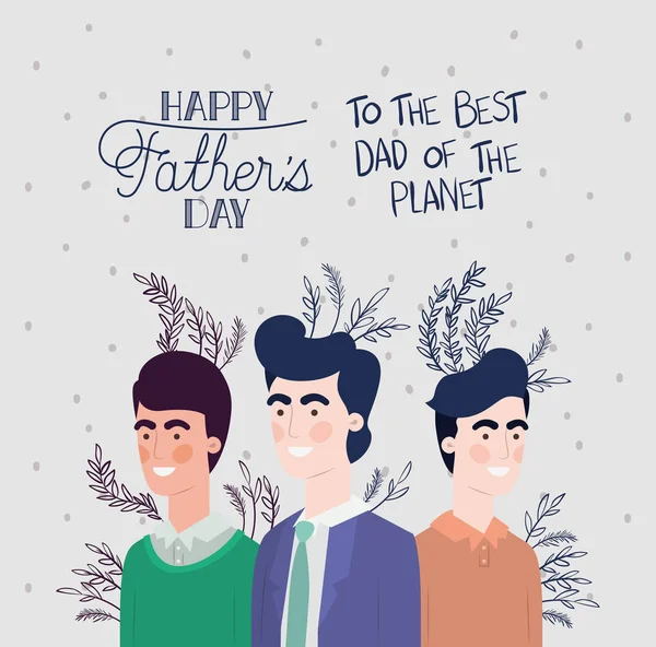Feliz tarjeta de día de los padres con los papás y las hojas de la planta — Vector de stock