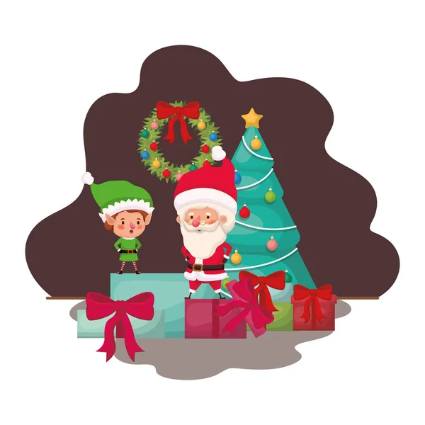 Kerstman en elf met kerstboom en geschenken — Stockvector