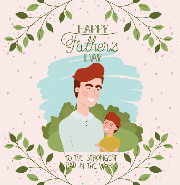 Feliz tarjeta del día del padre con los personajes del padre y del hijo — Vector de stock