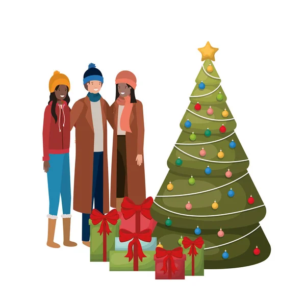 Skupina lidí s vánočním stromkem a dárky — Stockový vektor