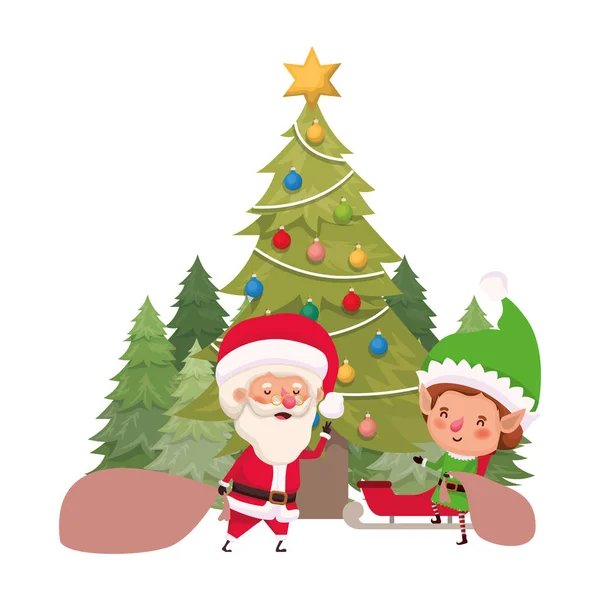 Kerstman en elf met kerstboom — Stockvector