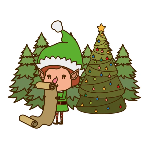 Elf with list gifts and christmas tree avatar character — стоковый вектор