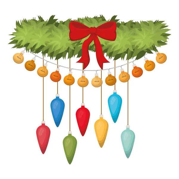 Ghirlanda con fiocchi palle di Natale e luci natalizie — Vettoriale Stock