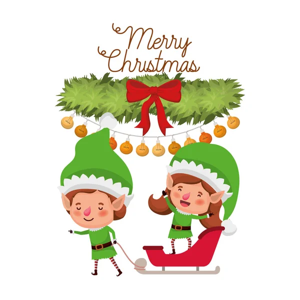 Noel topları ile kızak ve çelenk ile elfler çift — Stok Vektör