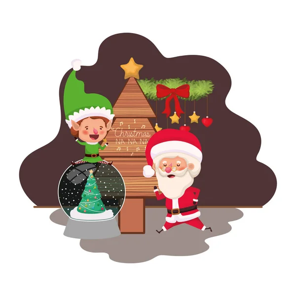 Kerstman en elf met kerstboom — Stockvector