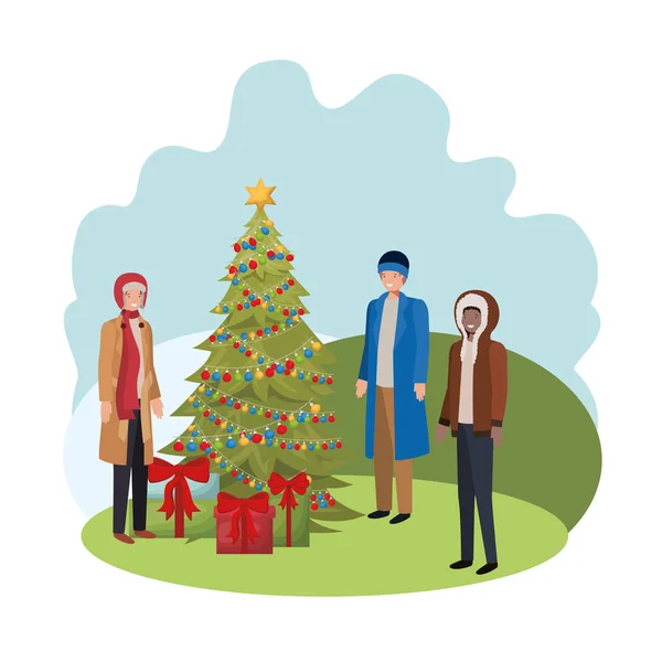 Mannen met kerstboom en geschenken avatar — Stockvector