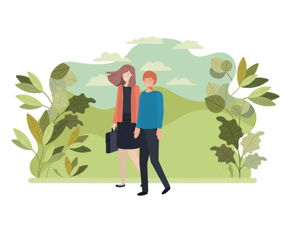 Jeune couple avec personnage avatar paysage — Image vectorielle