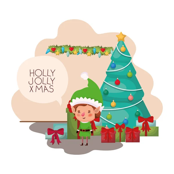 Elf with christmas tree and gifts — Stock Vector
