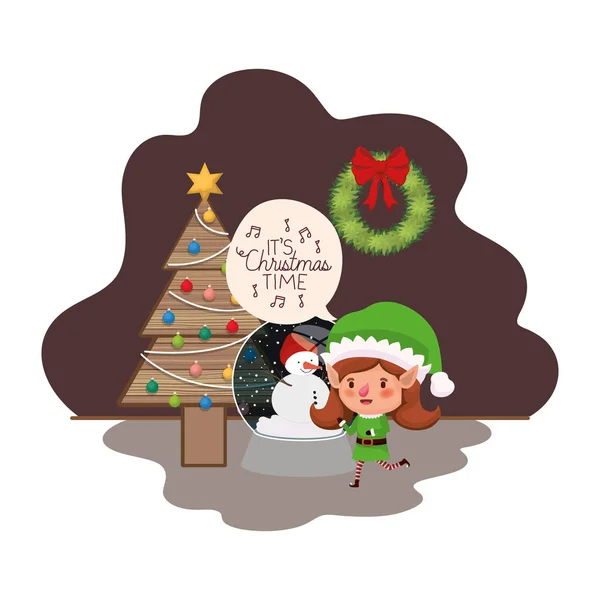 Mujer elfa con árbol de Navidad y bola de cristal — Vector de stock