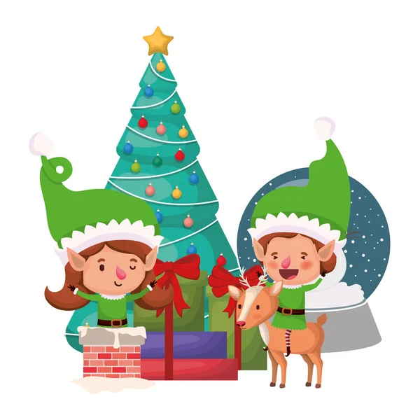 Couple of elves with christmas tree — Stock Vector