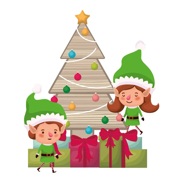 Casal de elfos com árvore de natal e caixas de presentes — Vetor de Stock
