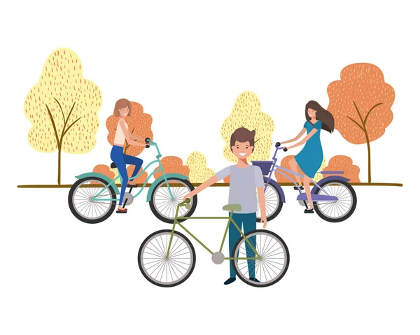 Gruppo di persone con bicicletta nel paesaggio — Vettoriale Stock