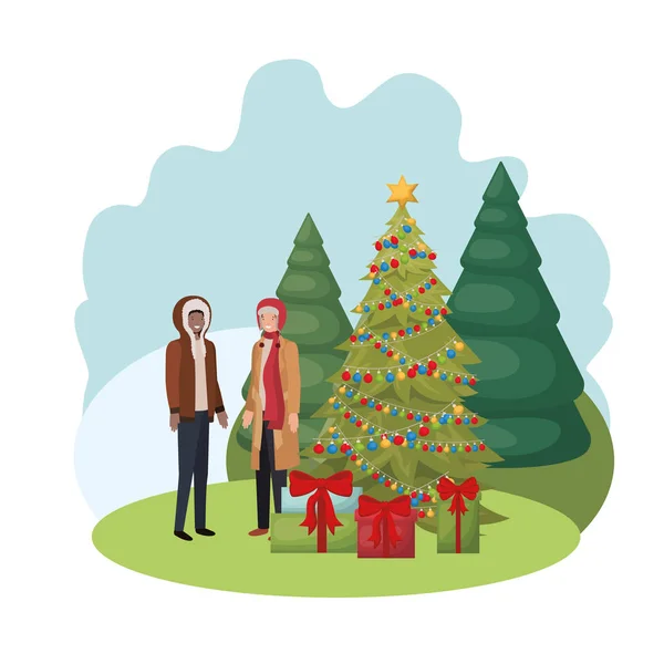 Férfiak karácsonyfát, ajándékokat avatar — Stock Vector