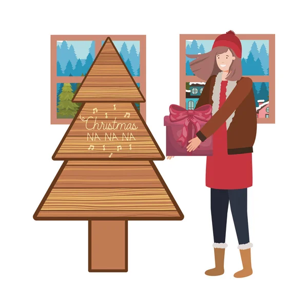 クリスマスツリーと景観を持つ女性 — ストックベクタ