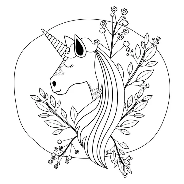 Bingkai dekoratif melingkar dengan unicorn dan bunga - Stok Vektor