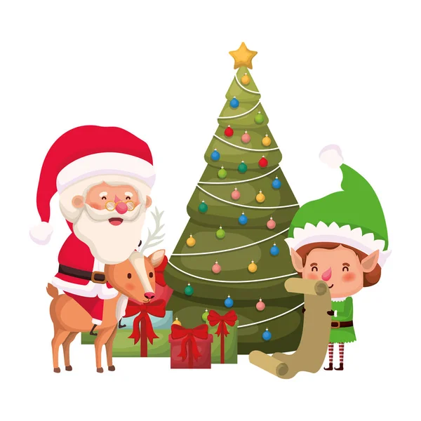 Santa claus y elfo con árbol de Navidad — Vector de stock