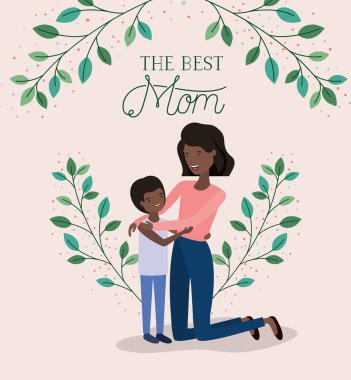 siyah anne ve oğlu yapraklar taç ile anneler gün kartı