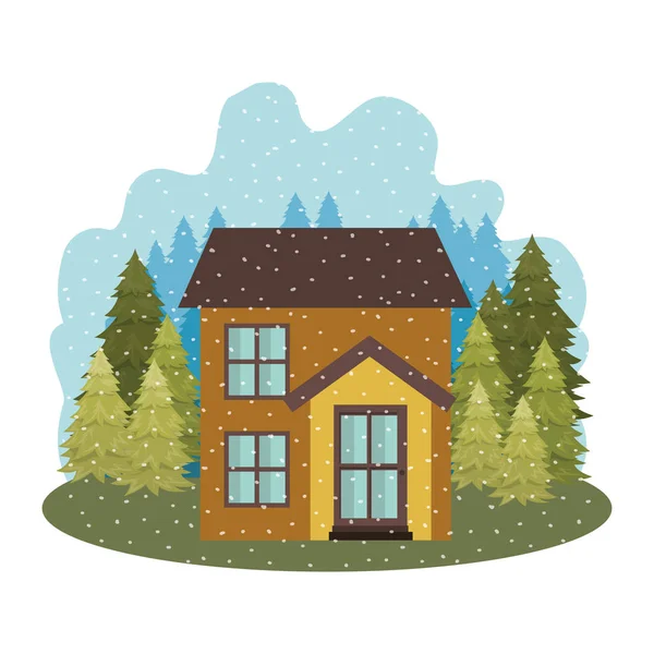 Rumah dengan pohon pinus dan ikon terisolasi salju - Stok Vektor