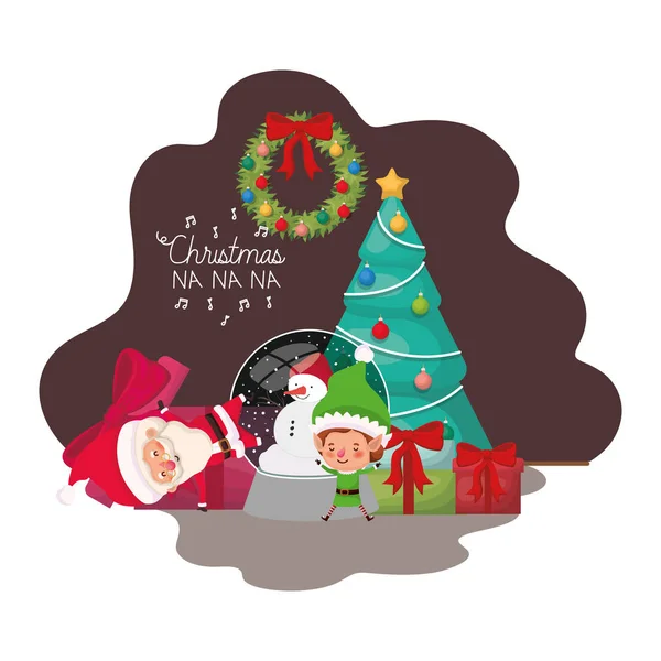 圣诞老人和精灵与圣诞树 — 图库矢量图片