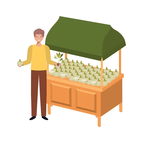 Vegetable seller man with kiosk isolated icon — ストックベクタ