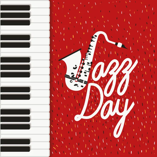 Постер дня джаза с фортепианной клавиатурой и саксофоном — стоковый вектор
