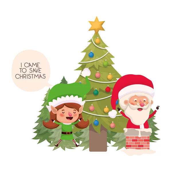 Santa claus e elfo mulher com árvore de natal —  Vetores de Stock