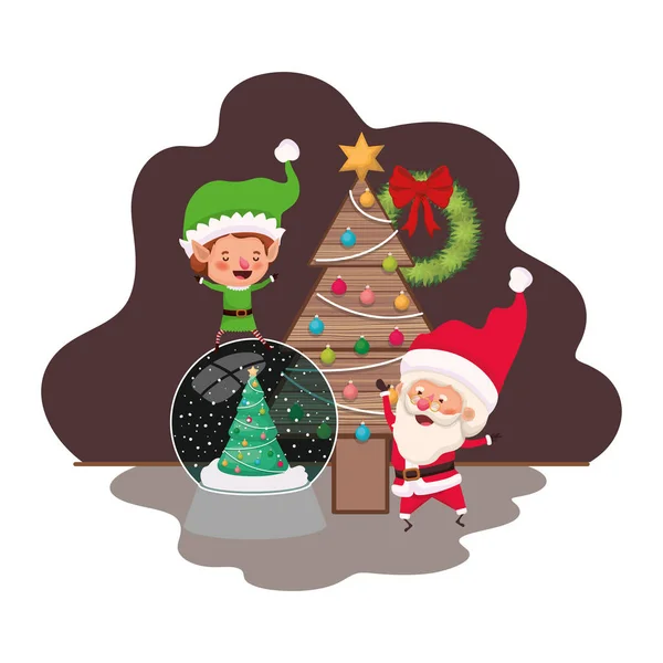 Kerstman en elf met kerstboom — Stockvector