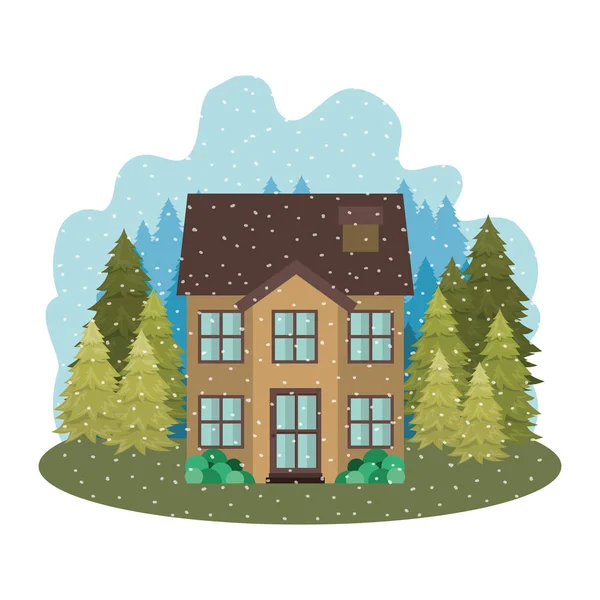 Rumah dengan pohon pinus taman dan salju jatuh - Stok Vektor