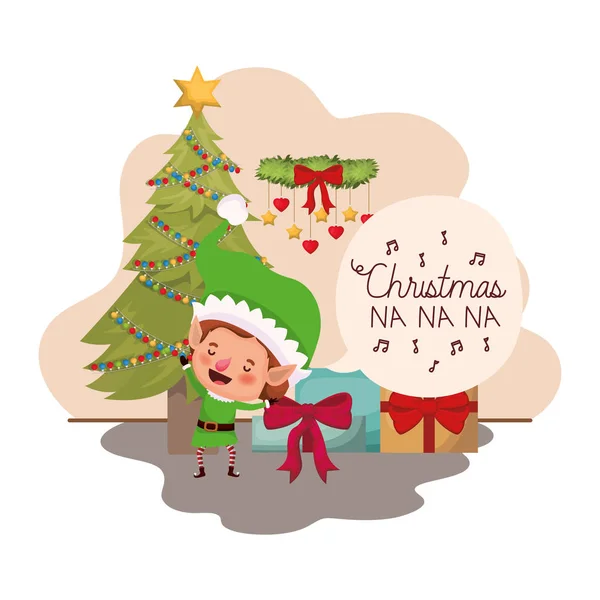 Elf s vánočním stromkem a dárky — Stockový vektor