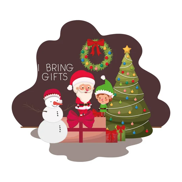 Jultomten och Elf med julgran och presenter — Stock vektor