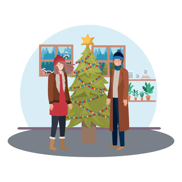 Pár s vánočním stromku v obýváku — Stockový vektor