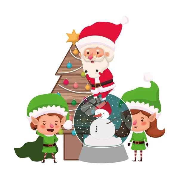 Δυο ξωτικά και ο Αϊ Βασίλης με χριστουγεννιάτικο δέντρο. — Διανυσματικό Αρχείο