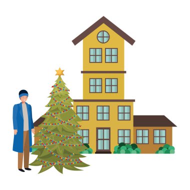 evin dışında noel ağacı ile adam