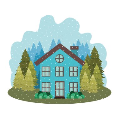 bahçe çam ağaçları ve kar düşen ev