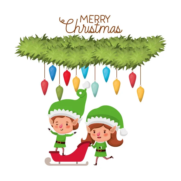 Ξωτικό ζευγάρι με έλκηθρο και καλά Χριστούγεννα και το στεφάνι με Χριστουγεννιάτικα μπαλάκια — Διανυσματικό Αρχείο