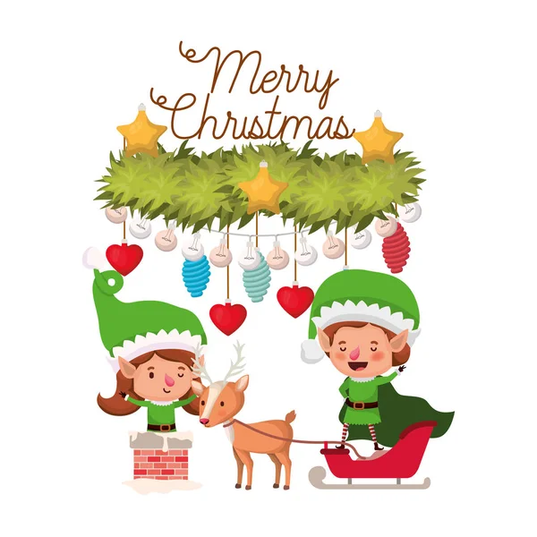 Pareja de elfos con trineo y feliz Navidad — Vector de stock