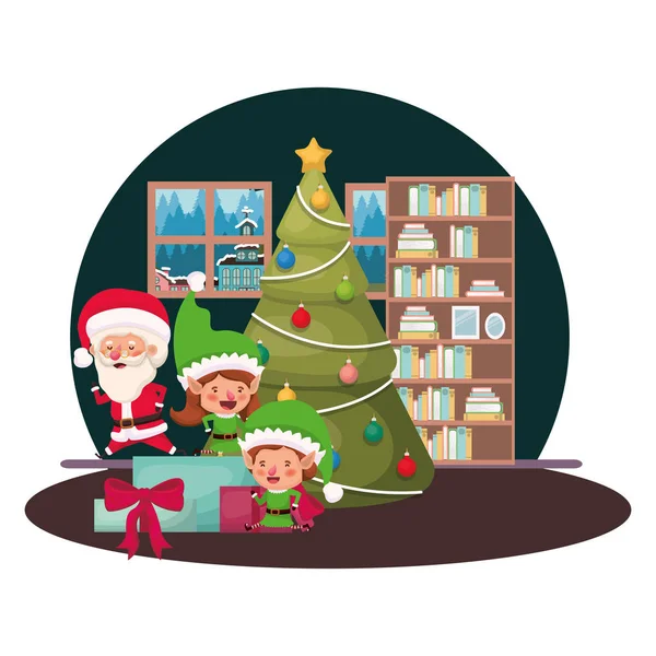 Paar Elfen en kerstman met kerstboom — Stockvector