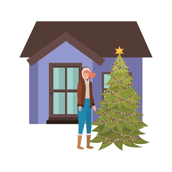 Женщина с рождественской елкой возле дома — стоковый вектор