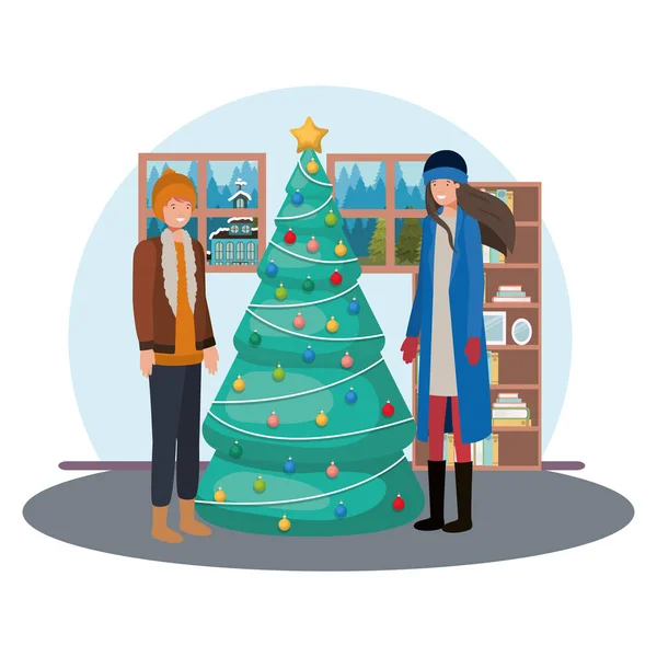 夫妇与圣诞树在客厅 — 图库矢量图片