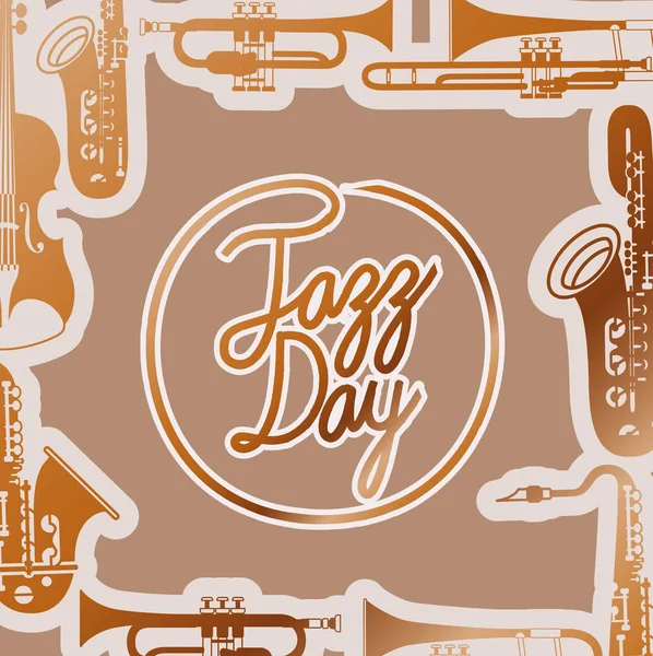 Jazz Day Poste met instrumenten en houten achtergrond — Stockvector