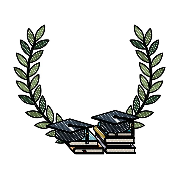 Sombreros de graduación con libros de pila y corona de corona de corona — Vector de stock