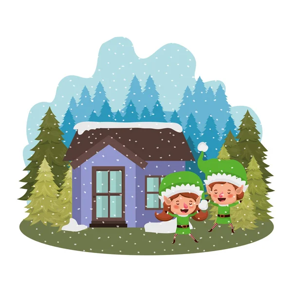 松の木が雪を落とし、エルフのカップルと家 — ストックベクタ